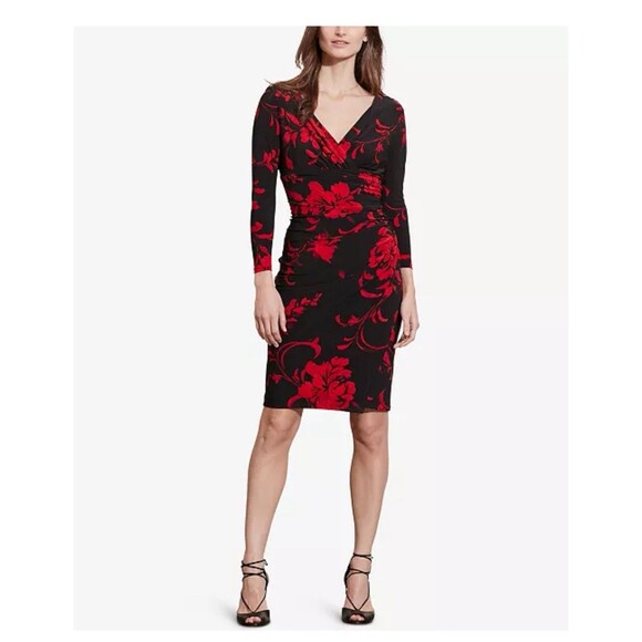 RALPH LAUREN Women's Faux Wrap Floral Sheath Dress Size 10 Red ]Stretch - Picture 1 of 14